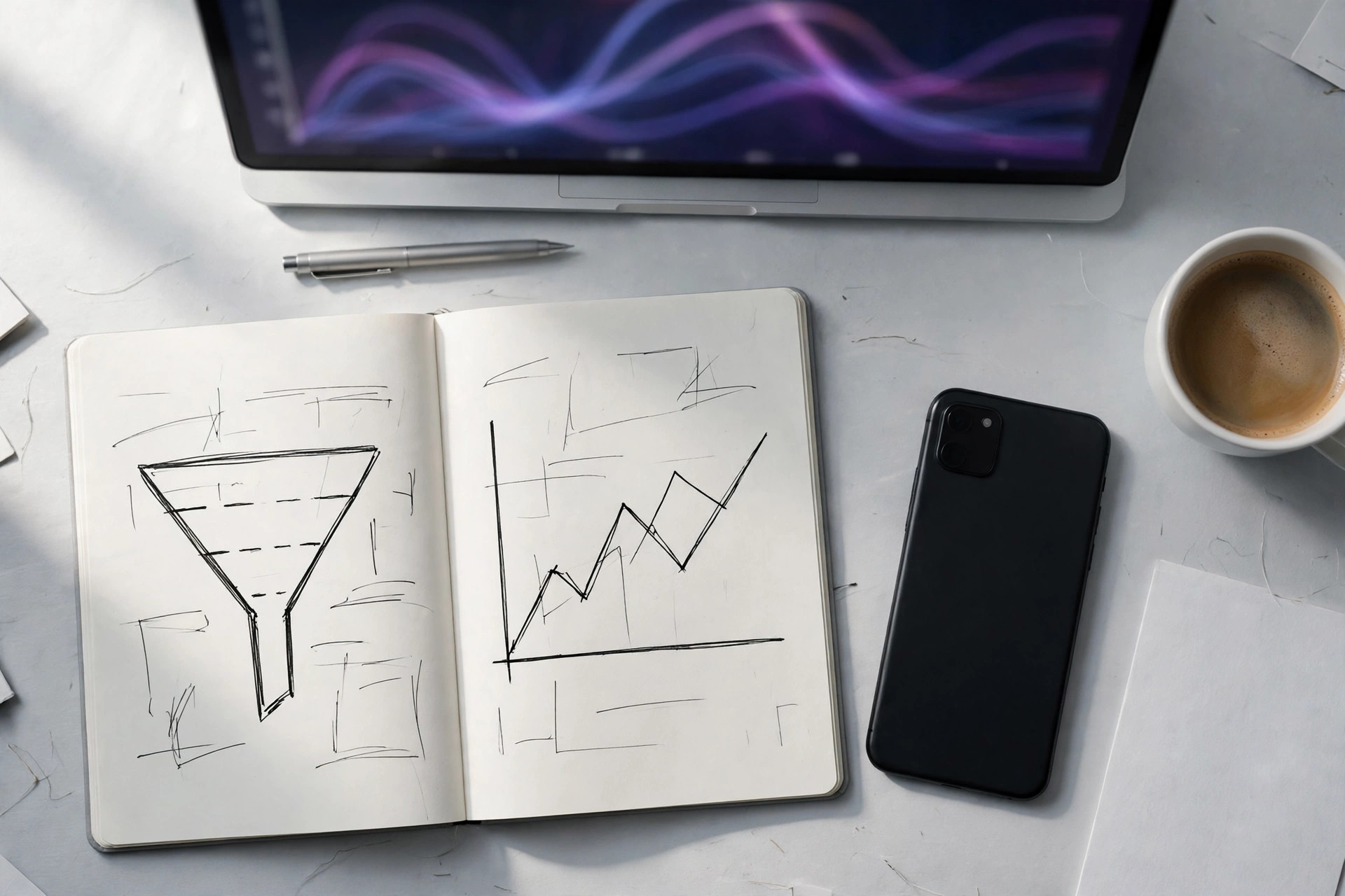 A test bench desk: a notebook with a hand-drawn funnel and line chart, a laptop and a phone