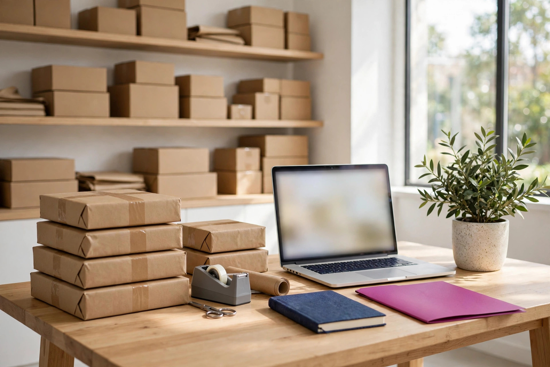 A small online store's packing bench: stacked parcels ready to ship, a laptop and shelves of orders