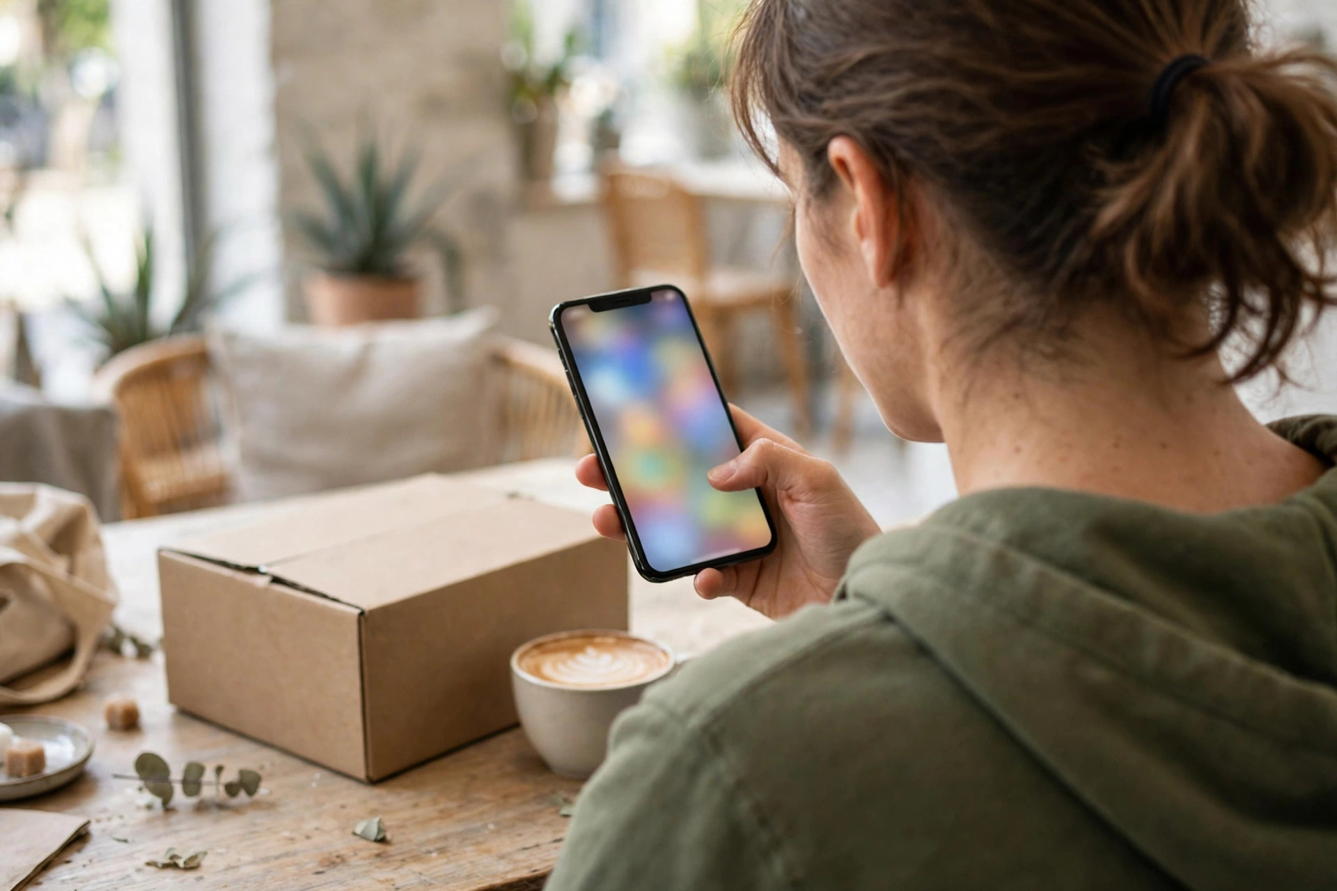 A customer browsing on a phone with a delivered parcel on the table beside them